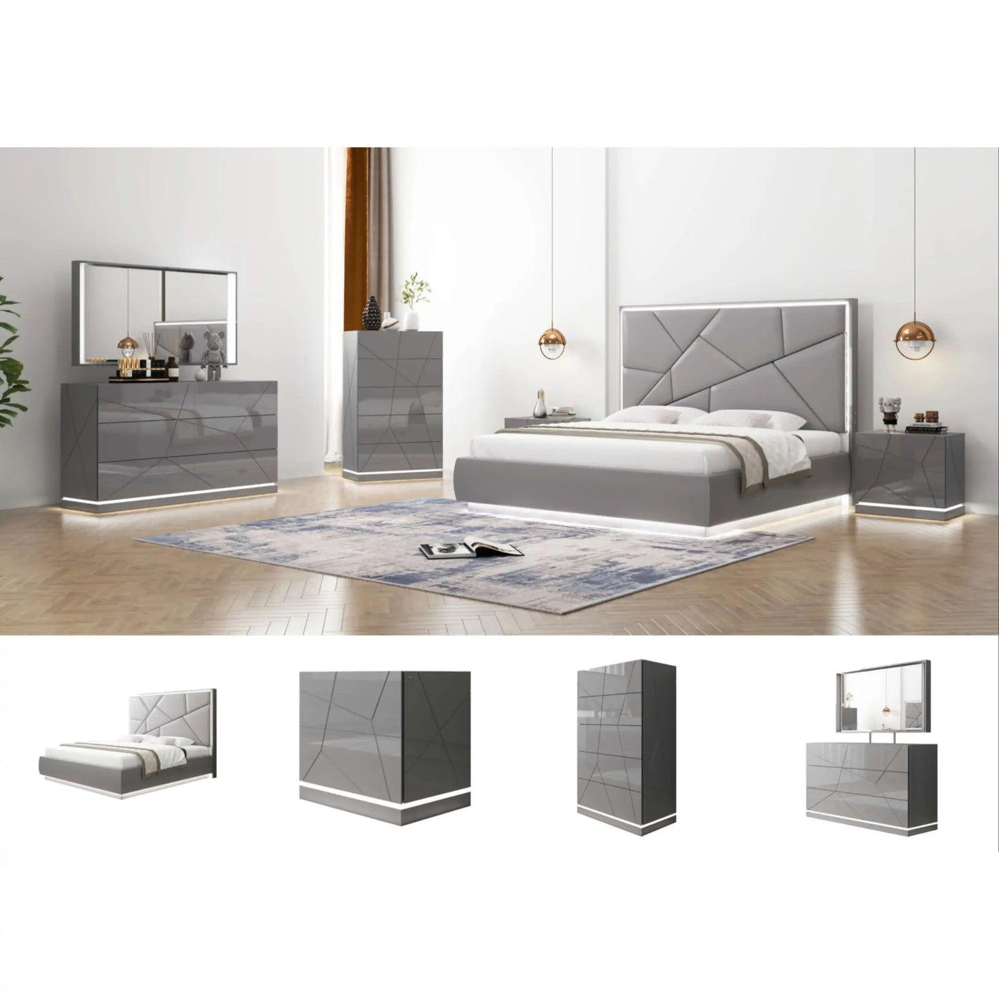 Ensemble de chambre à coucher Taylor avec rangement hydraulique, gris